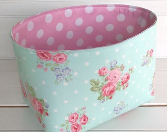 Organizer Basket,Fabric Bin,Storage Bin,Shabby Chic Nursery Decor,Fabric Basket Bin,Flowers,Home Decor,Roses,Aqua Blue,Pink - Shabby Chic