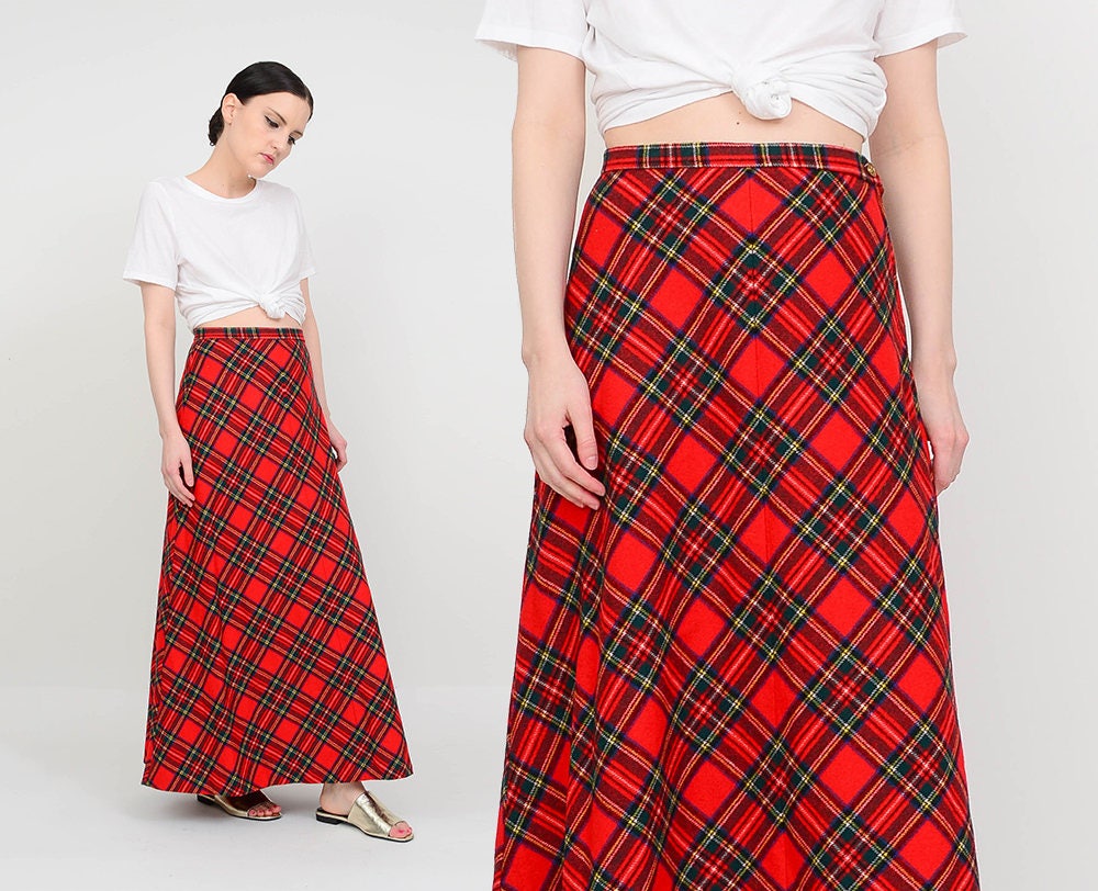 Vintage 70s Tartan Plaid Skirt Red Wool Maxi Skirt A-line