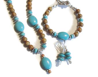 Southwestern Style Set Turquoise Magnesite and Jasper Jewelry Set Necklace Bracelet Earring Set