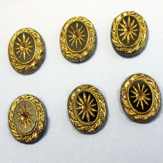 Vintage Glass Cabochon 6 pcs Black Gold Stones 10x8 oval S-319