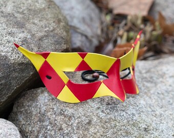 Jester Leather Horned Mask Red and Yellow