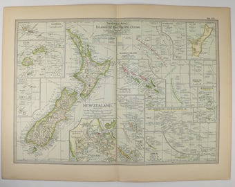 1899 New Zealand Map, Pacific Ocean Islands Map, Tropical Islands, Vacation Gift for Couple, Unique Wedding Gift, Polynesia Map Fiji Samoa