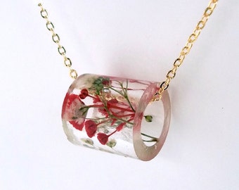 Resin Tube Necklace with Red and White Baby's Breath. Resin Jewelry with Real Pressed Flowers.