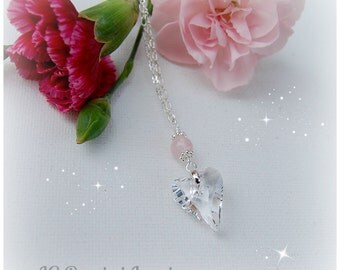 Long Rose Quartz Swarovski Crystal Heart Necklace, Love Stone Healing Crystal Necklace