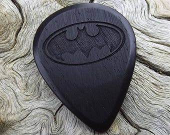 Wood Guitar Pick - Premium Quality - Handmade From African Blackwood - Laser Engraved On Each Side - Artisan Guitar Pick - Batman Pick