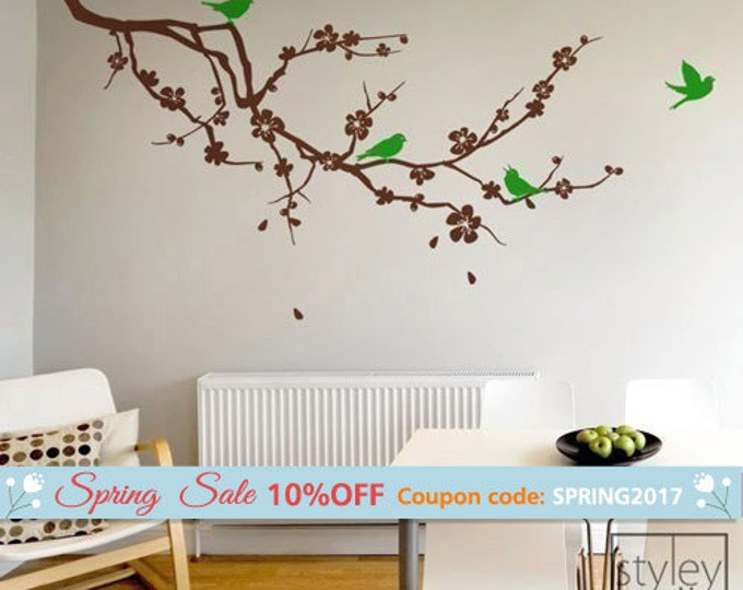 Cherry Blossom Branch and Birds Wall Decal, Cherry Tree Wall Decal, Cherry Branch with Flowers Wall Decal, Cherry Blossom Sticker Wall Decor