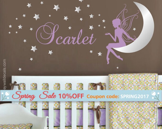 Fairy Wall Decal, Fairy Moon and Stars Wall Decal, Fairy Wall Sticker with Moon and Stars, Fairy Sticker for Girls Room Baby Nursery