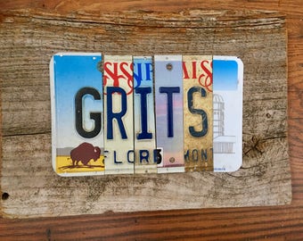 GRITS license plate sign tomboyART art recycled upcycled pig BBQ tomboyART tomboy art SOUL FooD