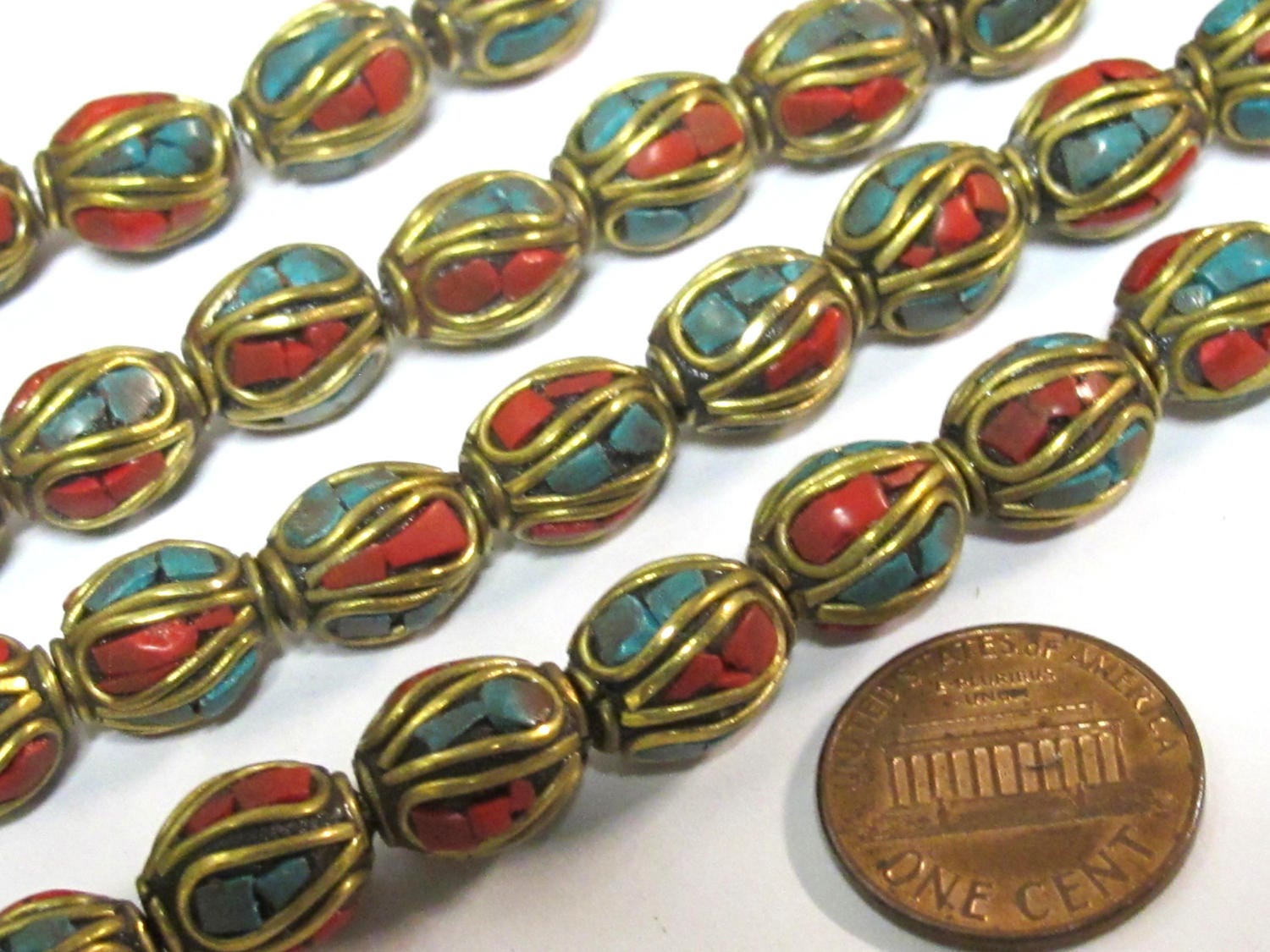 2 Beads - Ethnic Nepal beads Tibetan beads with Brass turquoise coral ...