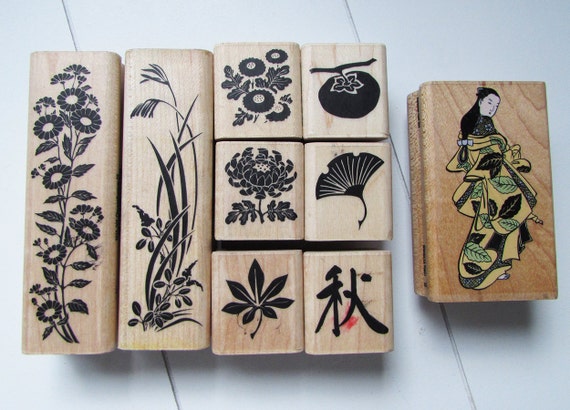 Wood mounted Japanese rubber stamps