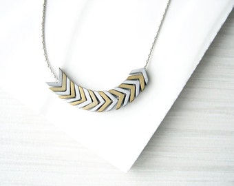 Contemporary Jewelry - Modern Necklace, Mixed Metal, Hematite, Stone, Metallic, Gold, Silver, Chevron, Arrow, Matte, Simple