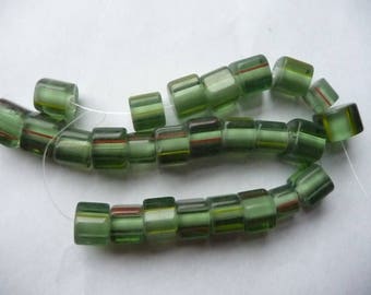 SALE!! Bead, cane glass, light green with multicolored stripes, 10x8mm-12x9mm round tube with stripes. Strand of 26 beads. SALE!!