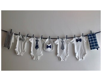 Personalized Baby Shower Decoration, Boy, Navy and Gray clothesline with Tie and Bow Tie Onesies, Burp Cloths, Bib, ribbon and clothespi