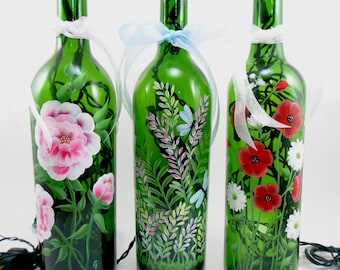 Lighted Wine Bottle Flowers MADE TO ORDER Hand Painted 750 ml
