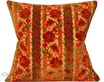 Vintage Velvet Pillow Cover - 20 inch - Orange and Olive - mid century - cotton velvet - ready to ship