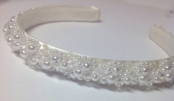 Vintage 1990-Bridal Headband White Pearl Clear Crystal Sequins