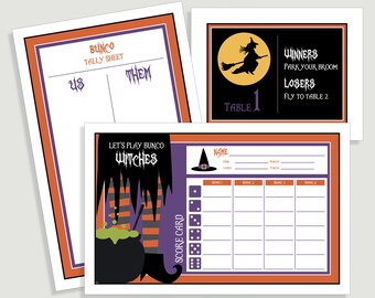 Halloween Bunco Score Card Set - Let's Play Bunco Witches Includes - Us Them Tally Sheet and Table Cards - Instant Download - #00113H-ID