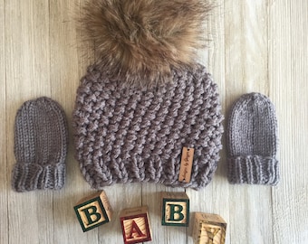 2 Piece - Hand Knitted Baby Hat and Mittens - Knitted Baby Hat with Faux Fur Pom Pom- Knitted Baby Mittens - Thumless Mittens - Baby Hats