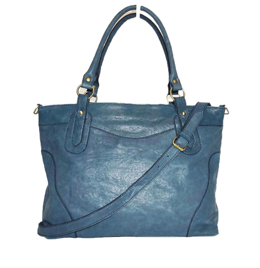 Nora Teal Blue Leather Tote Crossbody Bag Leather Handbag
