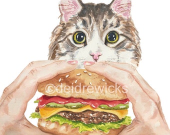 Cat Watercolor Painting - 11x14 PRINT, Hamburger Art, Tabby Cat, Kitchen Art, Cute Cat, Cat Art