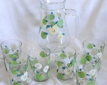 Vintage Lemonade Set - Pitcher and 6 Glasses Green Apples