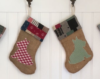Dog Christmas Stocking Burlap with Quilt Cuff Cabin Country Pet Farmhouse Scotty