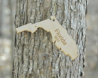 Natural Wood Florida State Ornament WITH 2017