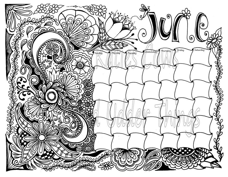 June Doodled Calendar Coloring page