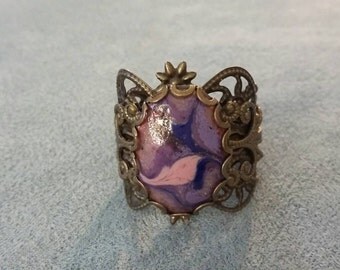 Victorian/Gothic/Brass/Filigree/Purple /Pink / Copper Enamel/ Purple Ring, Victorian Purple Ring, Gothic Purple Ring, Brass Filigree Ring