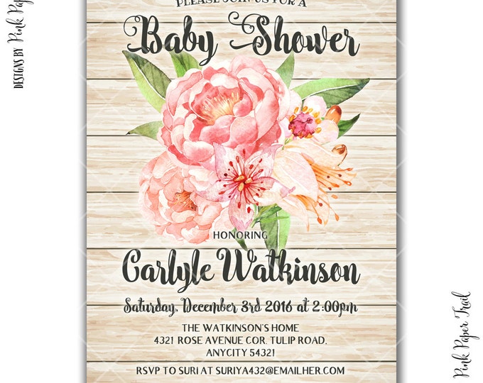 Rustic Floral Pink and Peach Peonies Shabby Chic Baby Shower Party Invitation, Girl Baby Shower Invitation, I will customize, Print your own