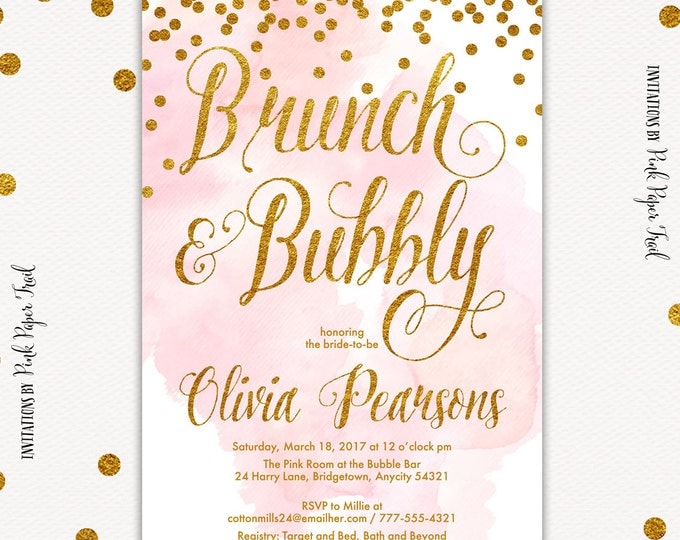 Brunch and Bubbly Bridal Shower Invitation, Blush Pink and Gold Invitation Gold Glitter Printable Bridal Shower Invitation