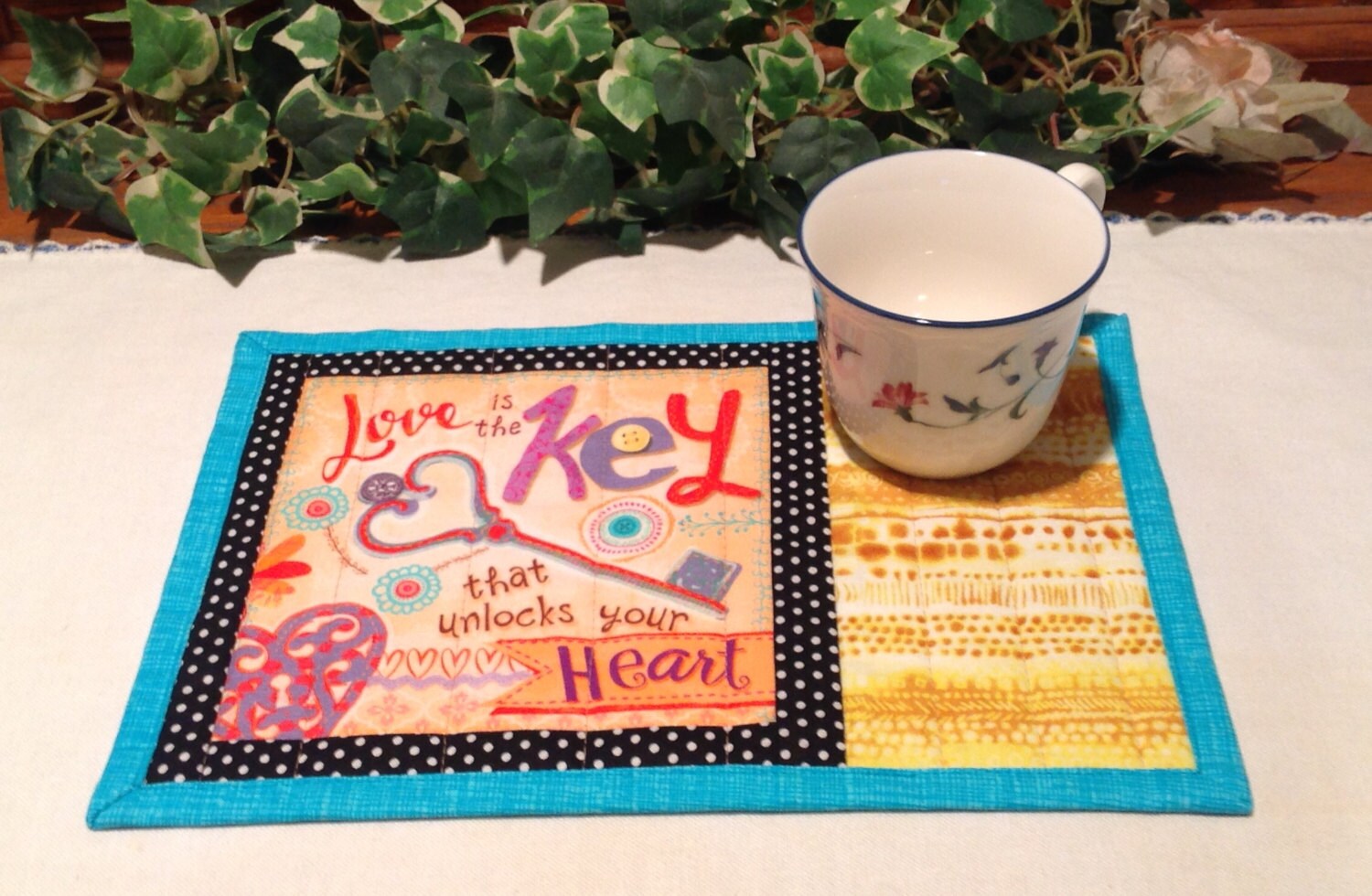 Inspirational Quote Quilted Mug Rug Love is the Key Snack