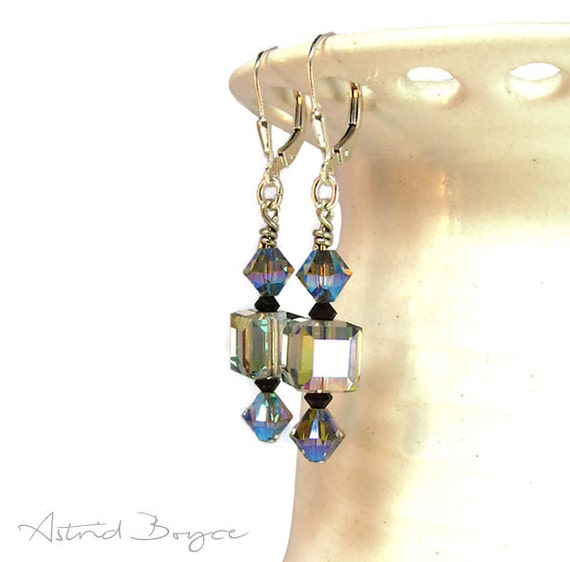 Catch the Light drop earrings bridesmaid wedding sterling silver leverback made to order thank you gift for her black crystal square crystal