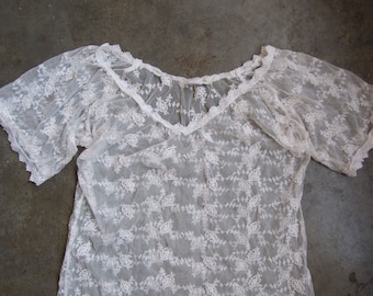 Vtg 90s White Floral Lace Mesh Embroidered Stretch Top Peasant Short Sleeve Size Small Medium