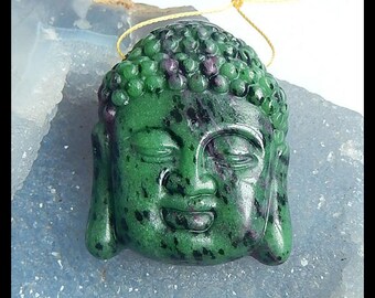 New,Carved Ruby And Zoisite Buddha Head Pendant Bead,49x40x13mm,48.9g
