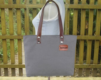 Gray tote bag, personalized canvas shoulder bag, leather strap diaper bag, women's bag, unique travel bag