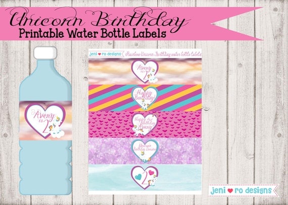 unicorn birthday printable water bottle labels personalized by