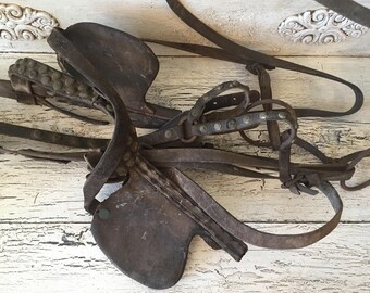 Antique Leather Horse Bridle with Blinders - Rustic Farmland Chic - Equestrian Decor