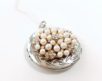 SALE - Antique Silver and Rhinestone Locket - Heirloom Locket - Bridesmaid Locket - Vintage Silver Locket - Keepsake Locket - Wedding locket