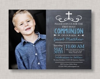 First Communion Invitation, First Holy Communion Invitation, Baptism, Dedication, Christening, Chalkboard, Boy Communion Invite, Invitation