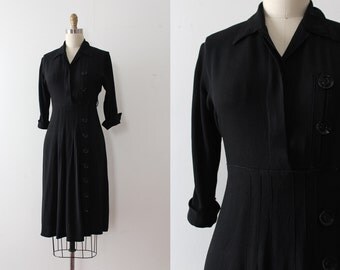 vintage 1940s dress // 40s black rayon button dress
