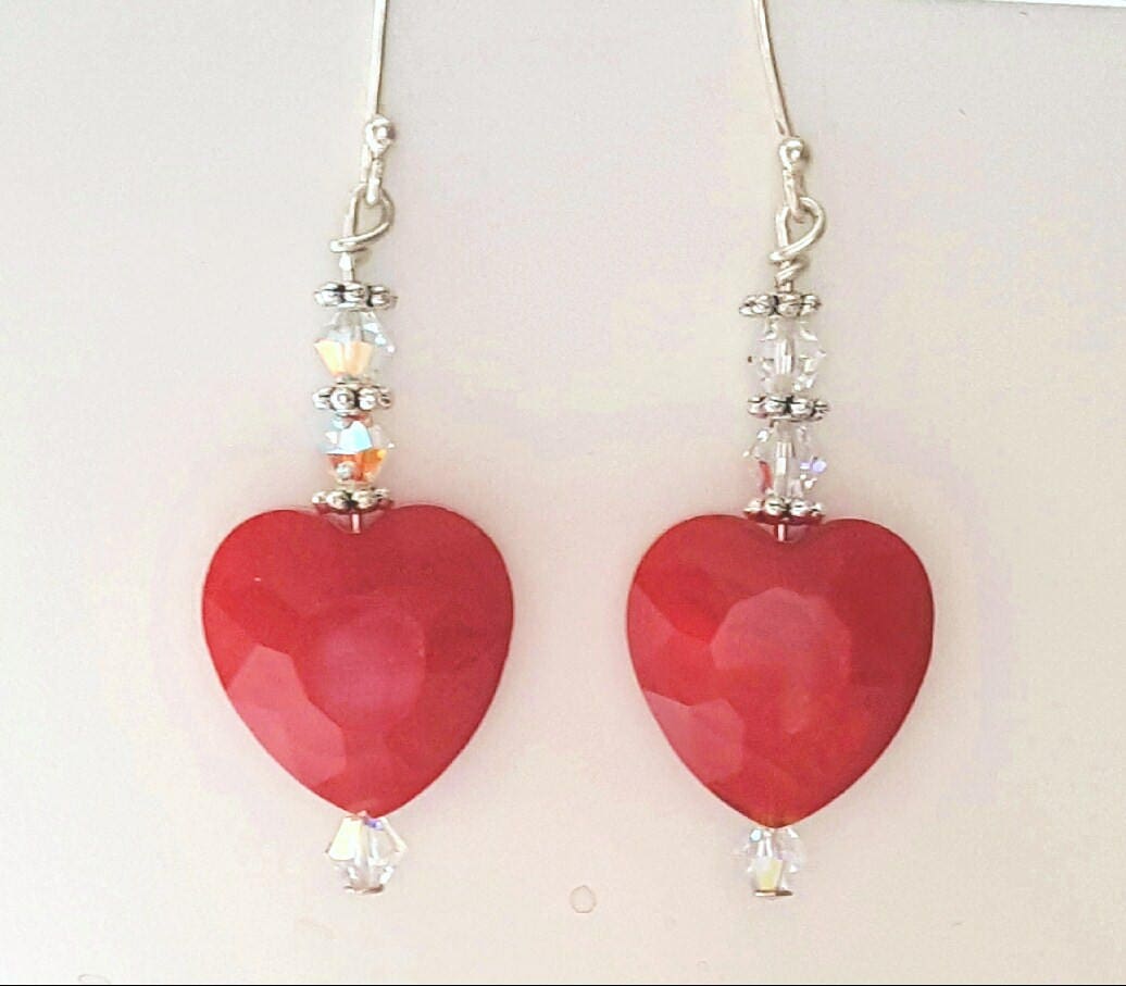 Red Heart Earrings Swarovski Crystal AB Earrings Beaded