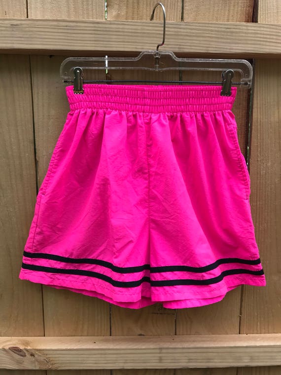 Vintage 80s Hot Pink Nylon Shorts / Neon Pink Parachute Shorts