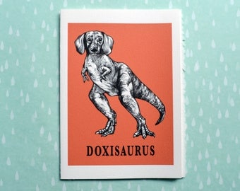 Doxisaurus Greeting Card, Daschund + TRex Hybrid Animal, 5x7" Blank Card, Portland OR, Funny Doxin Gift
