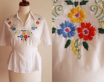 Vintage Peasant Blouse - 1960's Embroidered Blouse - Size S