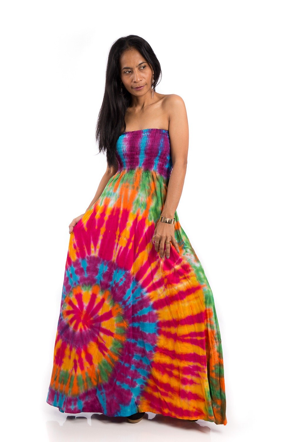 Tie dye dress Smocked dress rainbow dress maxi dress hand