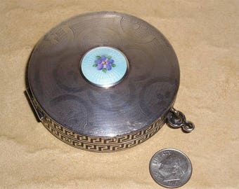 Vintage Signed Sterling Silver Guilloche Compact Mirror With Greek Key Design 1940's Jewelry 2245