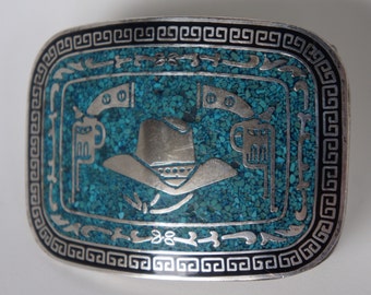 OUTLAW Pistols and Cowboy hat belt buckle Silver and Turquoise