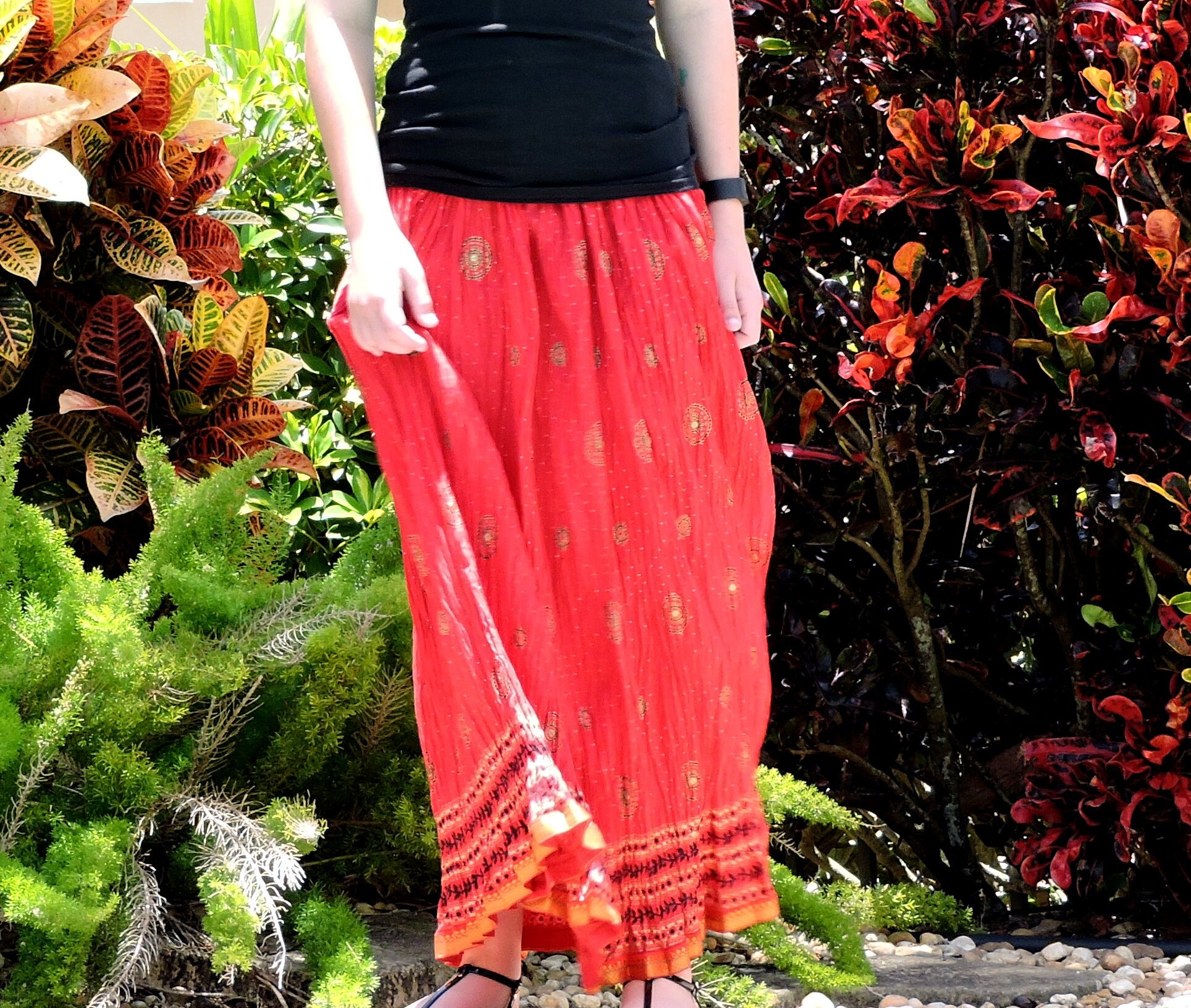 Red Maxi Skirt Hand Sequined Peasant Skirt Boho Broomstick