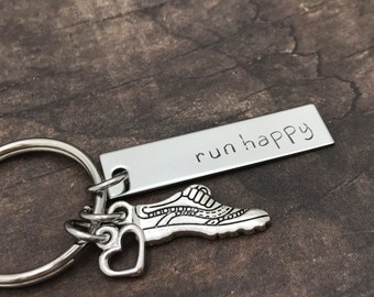 Run happy keychain, running keychain, running gifts, gift for her, running shoe charm, run Motto, motivation, Marathon gift, fitness gift